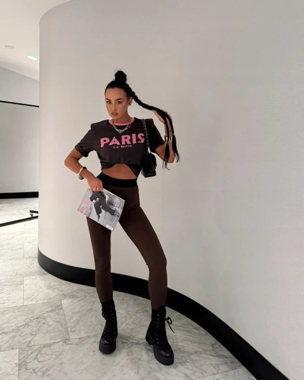 T-shirt luźny brązowy różowy nadruk PARIS La Milla wiskoza Lamilla