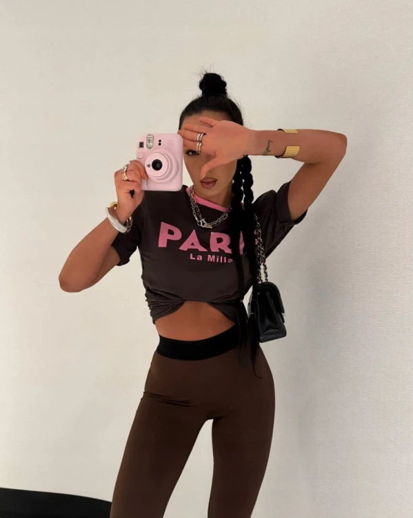 T-shirt luźny brązowy różowy nadruk PARIS La Milla wiskoza Lamilla