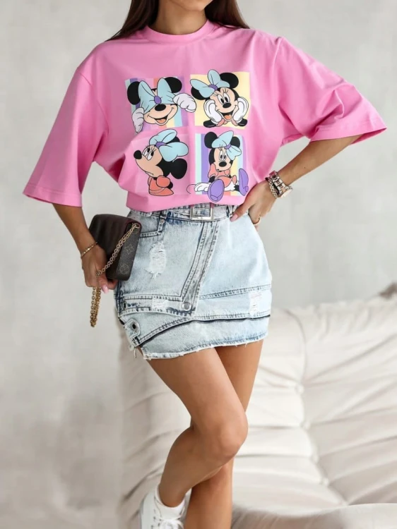 T-shirt różowy cukierek Mini Mause bawełniany produkt polski Lara Fashion