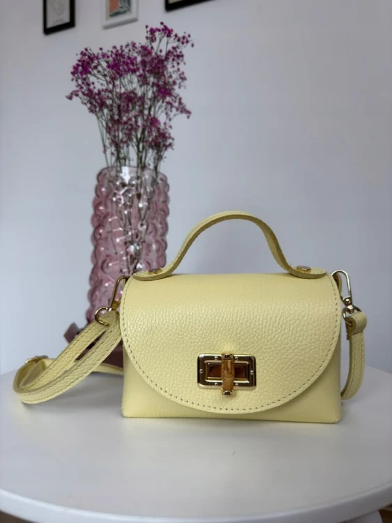 Torebka mała skóra naturalna licowa cytrynowa żółta pasek Vera Pelle- MARZIA