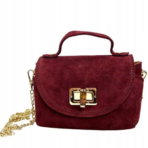 Torebka mała skóra naturalna zamsz zamszowa bordo łańcuszek Vera Pelle- MARZIA