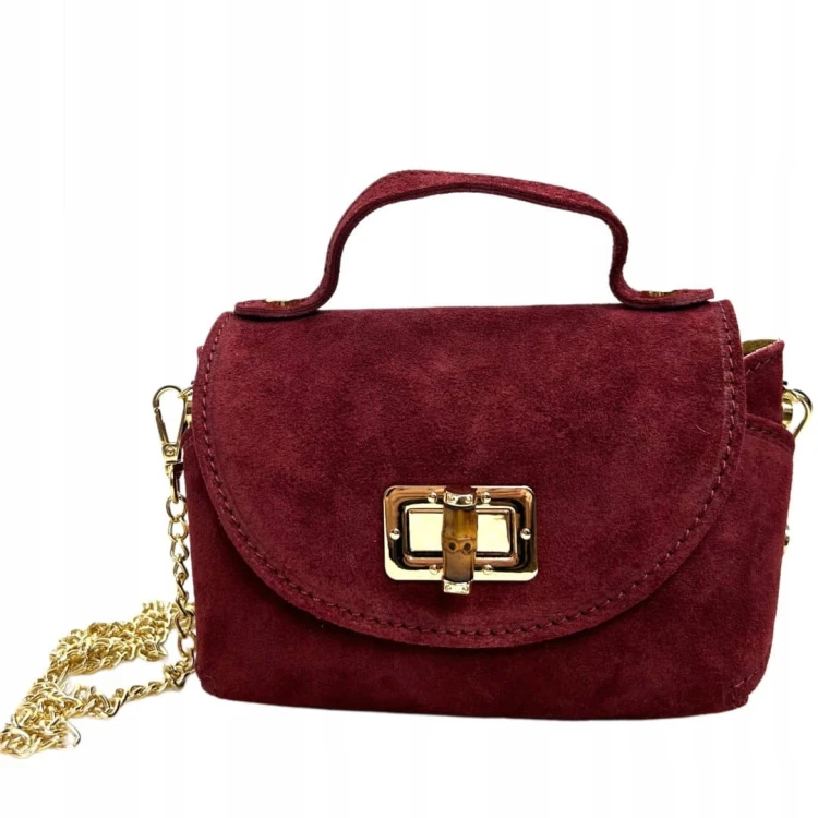 Torebka mała skóra naturalna zamsz zamszowa bordo łańcuszek Vera Pelle- MARZIA