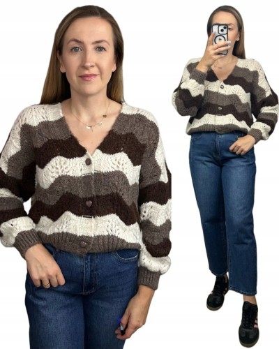 Uroczy sweter kardigan zyg zak ażurowy guziki serduszka beżowy brązowy- SOFT WAVES