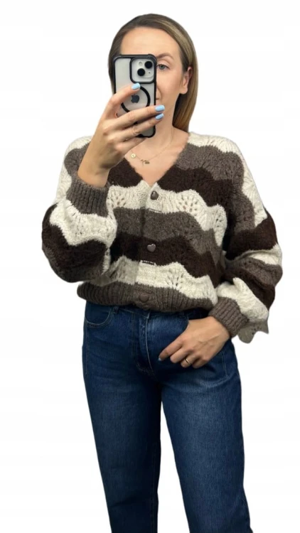 Uroczy sweter kardigan zyg zak ażurowy guziki serduszka beżowy brązowy- SOFT WAVES