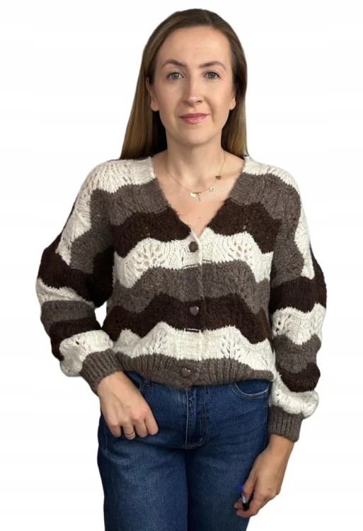 Uroczy sweter kardigan zyg zak ażurowy guziki serduszka beżowy brązowy- SOFT WAVES