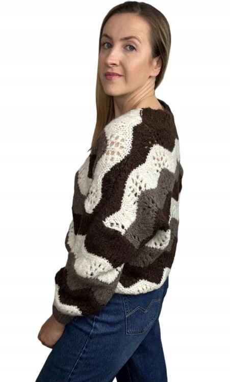 Uroczy sweter kardigan zyg zak ażurowy guziki serduszka beżowy brązowy- SOFT WAVES