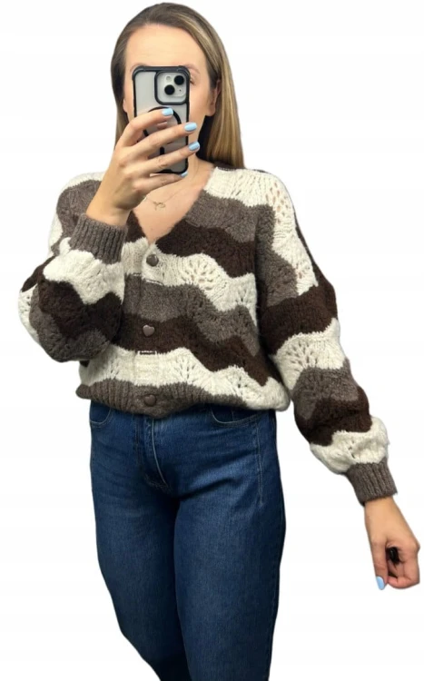 Uroczy sweter kardigan zyg zak ażurowy guziki serduszka beżowy brązowy- SOFT WAVES