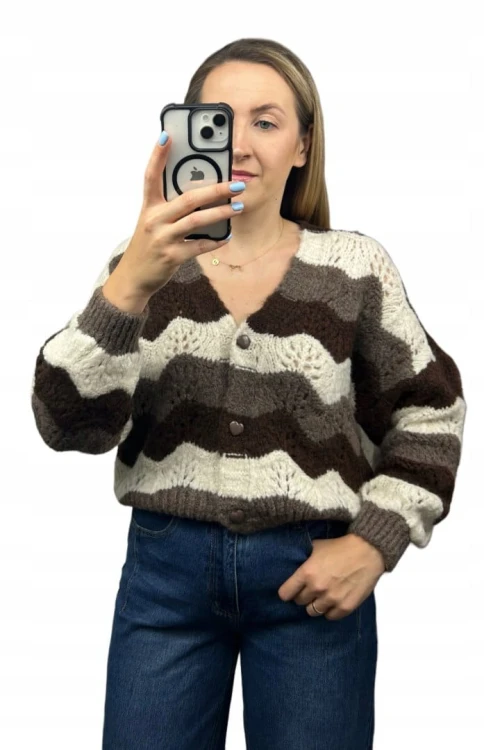 Uroczy sweter kardigan zyg zak ażurowy guziki serduszka beżowy brązowy- SOFT WAVES