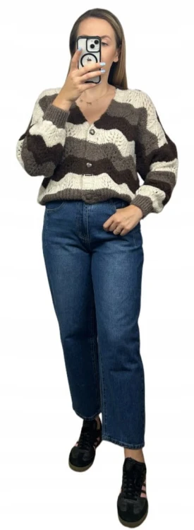 Uroczy sweter kardigan zyg zak ażurowy guziki serduszka beżowy brązowy- SOFT WAVES