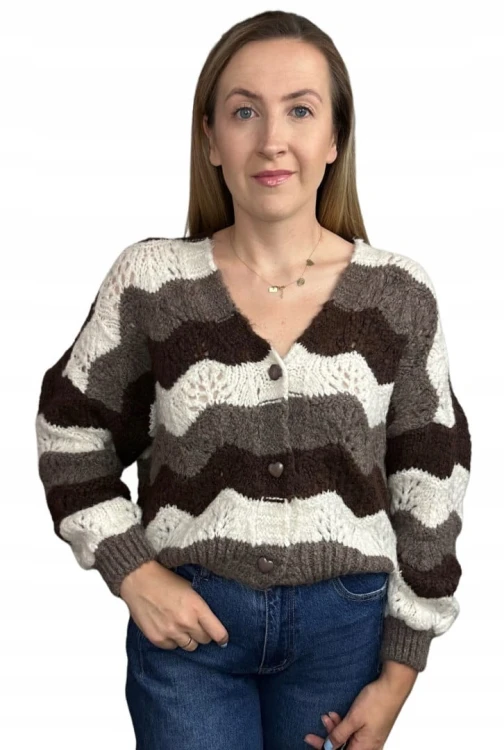 Uroczy sweter kardigan zyg zak ażurowy guziki serduszka beżowy brązowy- SOFT WAVES