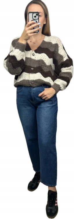 Uroczy sweter kardigan zyg zak ażurowy guziki serduszka beżowy brązowy- SOFT WAVES