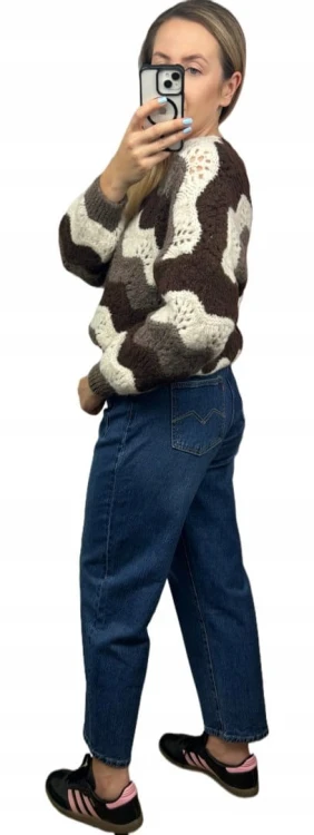 Uroczy sweter kardigan zyg zak ażurowy guziki serduszka beżowy brązowy- SOFT WAVES