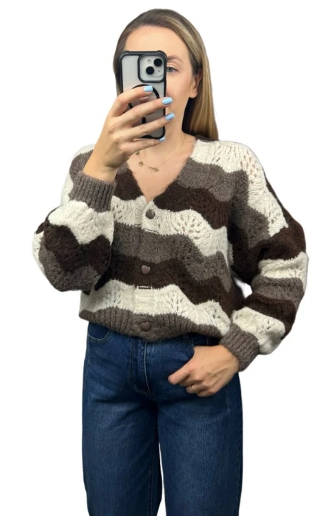 Uroczy sweter kardigan zyg zak ażurowy guziki serduszka beżowy brązowy- SOFT WAVES
