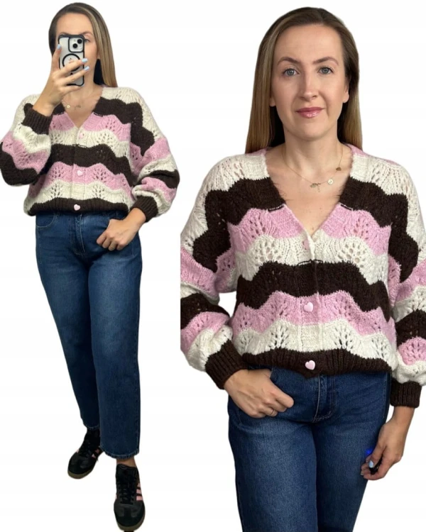 Uroczy sweter kardigan zyg zak ażurowy guziki serduszka różowy brązowy- SOFT WAVES