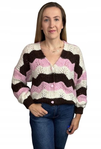 Uroczy sweter kardigan zyg zak ażurowy guziki serduszka różowy brązowy- SOFT WAVES
