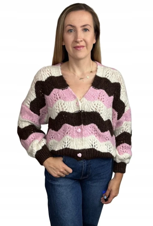 Uroczy sweter kardigan zyg zak ażurowy guziki serduszka różowy brązowy- SOFT WAVES