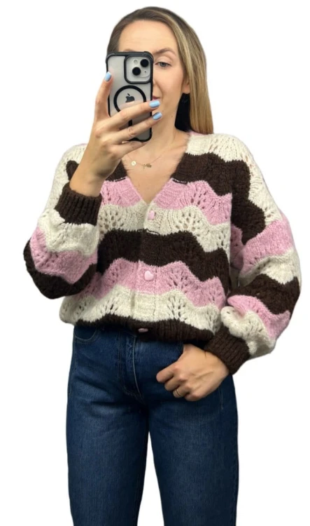Uroczy sweter kardigan zyg zak ażurowy guziki serduszka różowy brązowy- SOFT WAVES