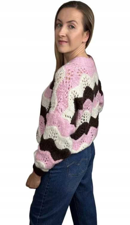 Uroczy sweter kardigan zyg zak ażurowy guziki serduszka różowy brązowy- SOFT WAVES
