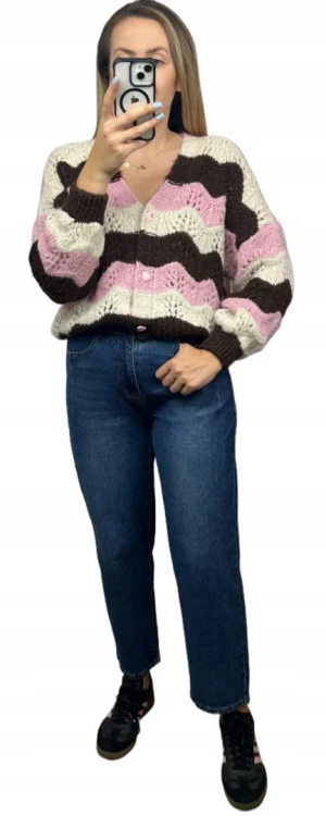 Uroczy sweter kardigan zyg zak ażurowy guziki serduszka różowy brązowy- SOFT WAVES