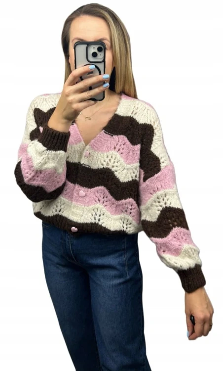 Uroczy sweter kardigan zyg zak ażurowy guziki serduszka różowy brązowy- SOFT WAVES