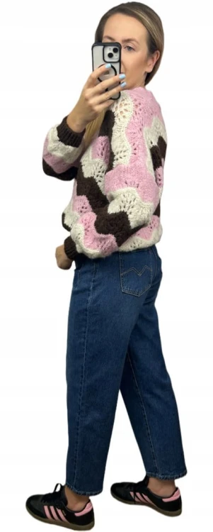 Uroczy sweter kardigan zyg zak ażurowy guziki serduszka różowy brązowy- SOFT WAVES