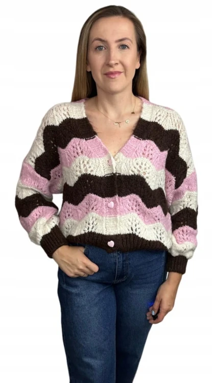 Uroczy sweter kardigan zyg zak ażurowy guziki serduszka różowy brązowy- SOFT WAVES
