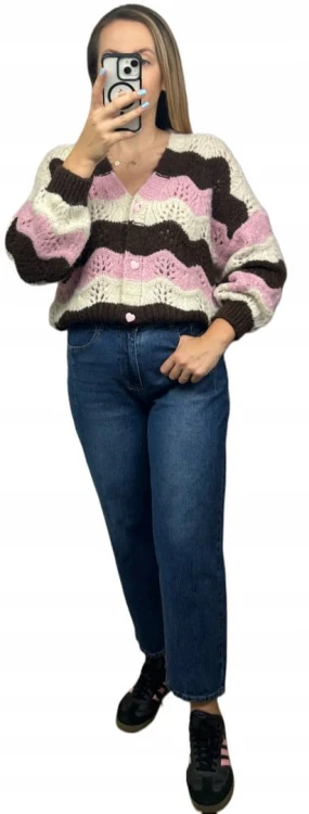 Uroczy sweter kardigan zyg zak ażurowy guziki serduszka różowy brązowy- SOFT WAVES