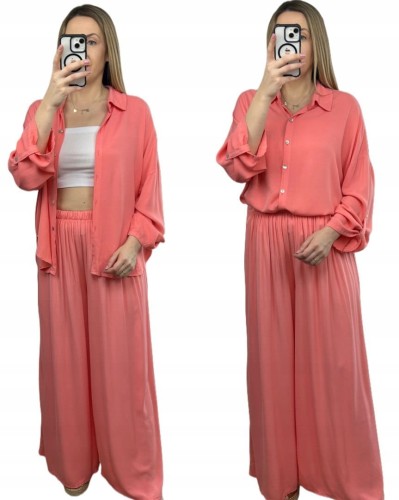 Viralowy komplet koszula spodnie palazzo szerokie wiskoza lyocell