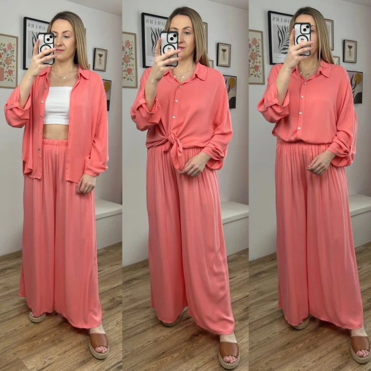 Viralowy komplet koszula spodnie palazzo szerokie wiskoza lyocell