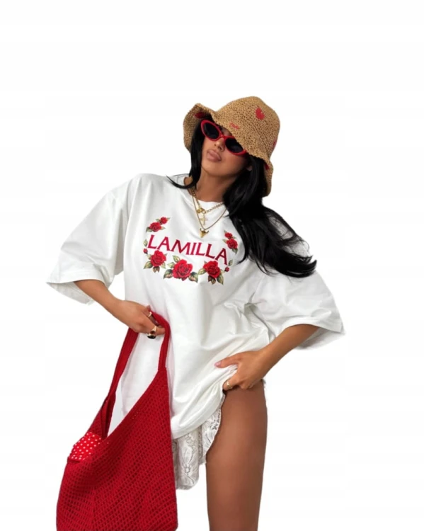 T-shirt biały haft LAMILLA oversize czerwone róże La Milla