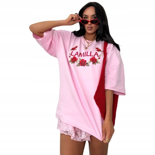 T-shirt różowy haft LAMILLA oversize czerwone róże La Milla