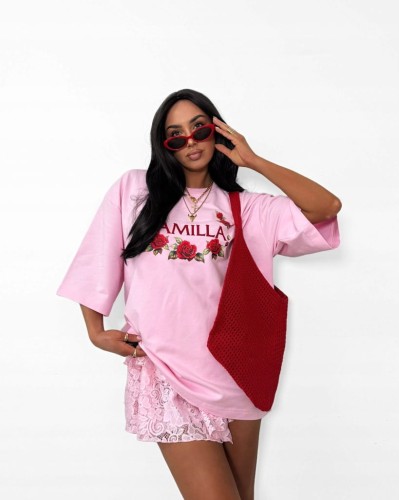 t shirt oversize różowy La Milla haft czerwone róże damski