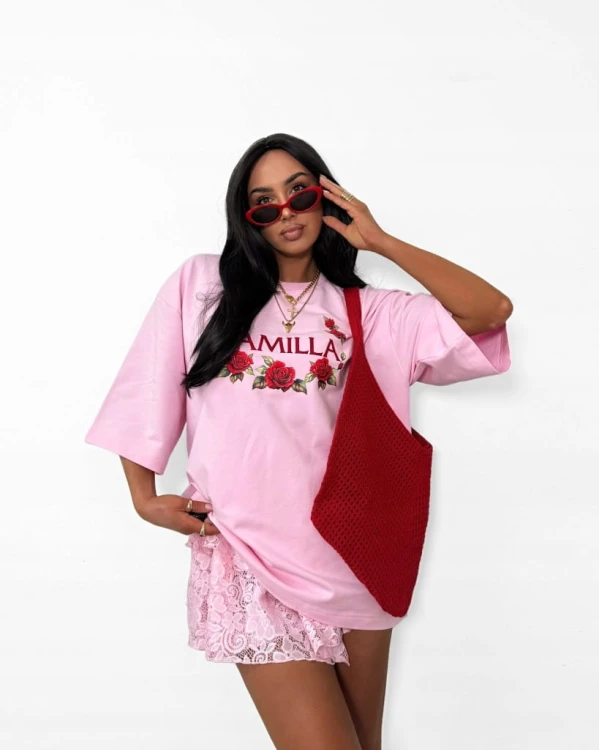 t shirt oversize różowy La Milla haft czerwone róże damski