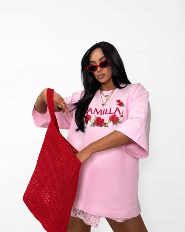 T-shirt różowy haft LAMILLA oversize czerwone róże La Milla