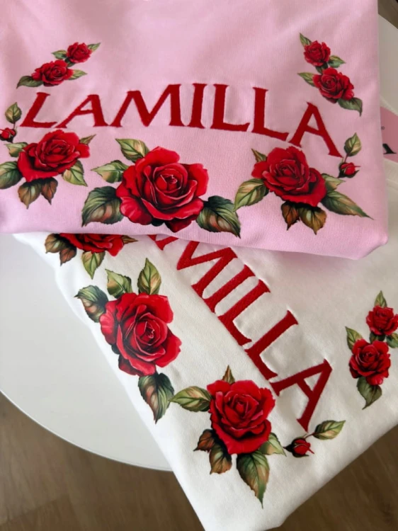 t shirt damski różowy La Milla haft róże detal