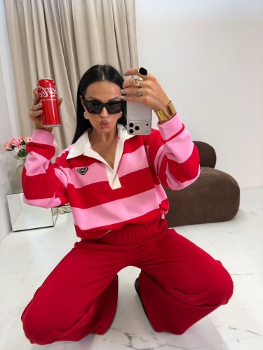 bluza polo damska różowo czerwona w paski stylizacja la milla