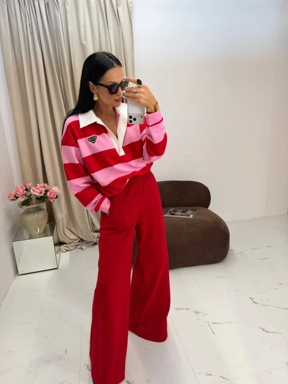 modna bluza damska polo w paski różowo czerwone outfit codzienny la milla