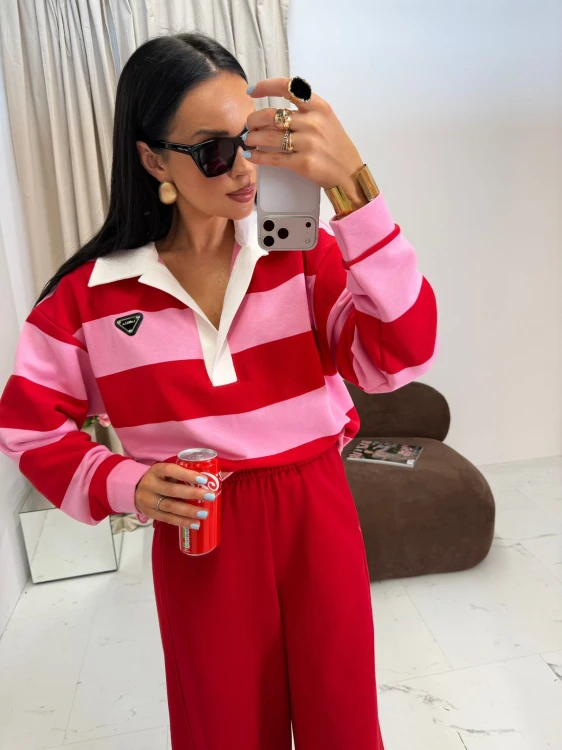 bluza bawełniana damska polo w paski różowo czerwona z kołnierzem la milla