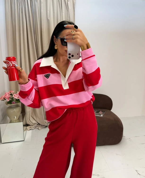 bluza damska oversize polo paski różowo czerwone look codzienny la milla