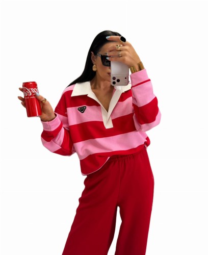 bluza damska polo w paski różowo czerwona bawełniana stylizacja la milla