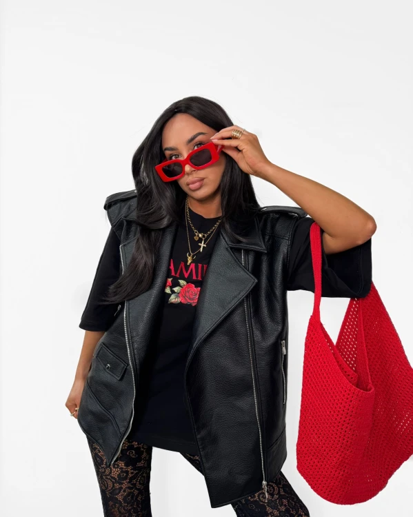 stylizacja t shirt czarny damski la milla z nadrukiem róże