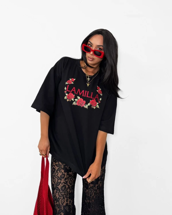 t shirt la milla czarny damski koszulka oversize bawełniana stylizacja