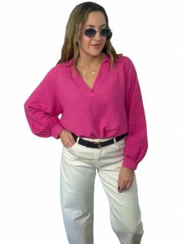 koszula muślinowa ROSALIA fuksja haftowane rękawy dekolt V damska