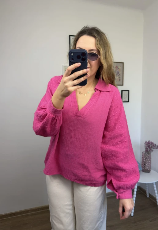 koszula ROSALIA muślinowa fuksja bufiaste rękawy haft outfit