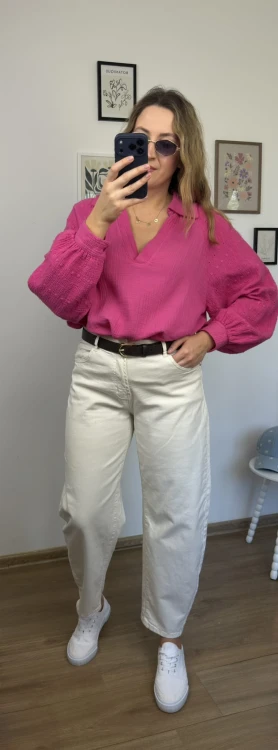 koszula boho muślinowa ROSALIA fuksja stylizacja z jeansami