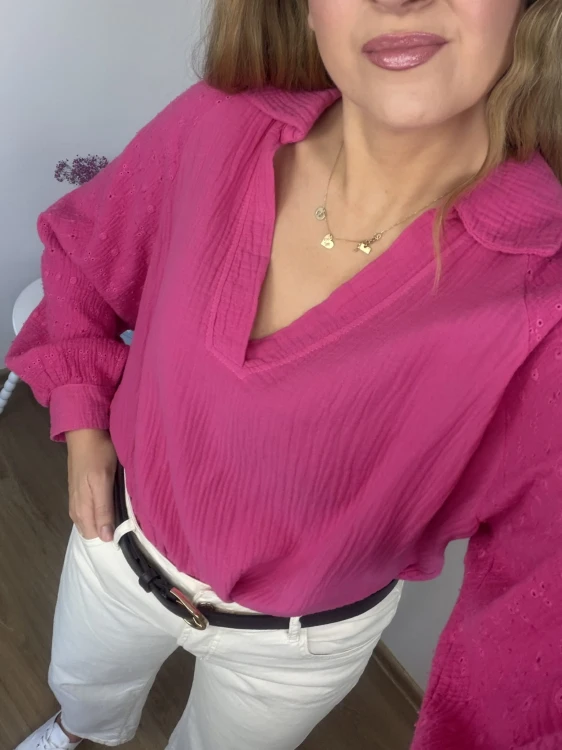 muślinowa koszula ROSALIA fuksjowa rękaw detal haft