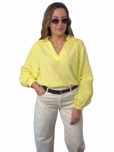 koszula muślinowa ROSALIE żółta haftowane rękawy dekolt V damska