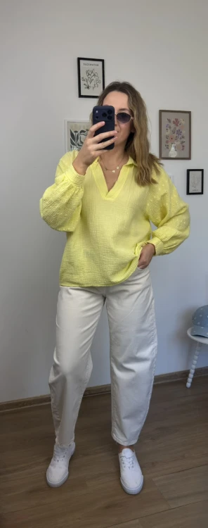 koszula boho muślinowa ROSALIE żółta stylizacja z jeansami