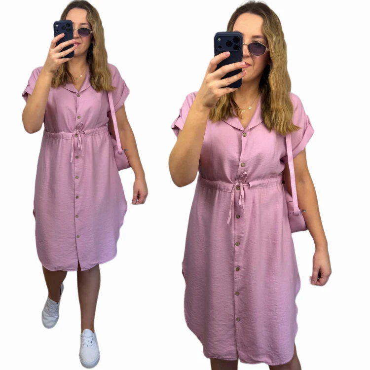 Sukienka koszulowa LOREN różowa wiskozowa luźna midi z wiązaniem w talii Modny Zakątek Szafy