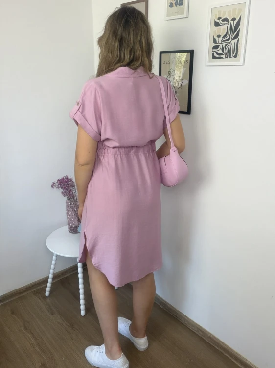 Sukienka koszulowa LOREN różowa midi wiskozowa luźna stylizacja na co dzień